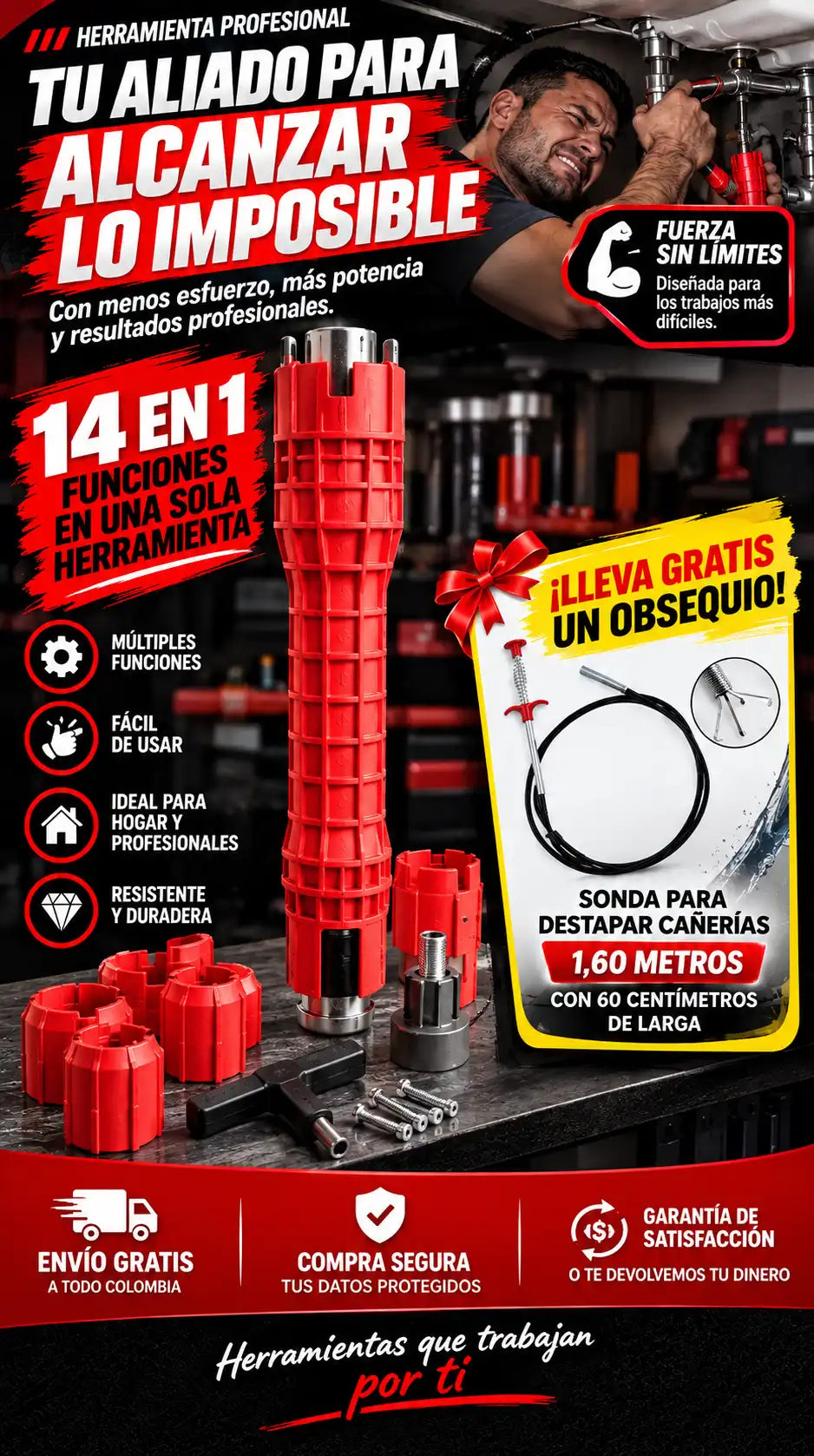 LLAVE MULTIUSOS PARA PLOMERIA + SONDA DE 1.60 METROS